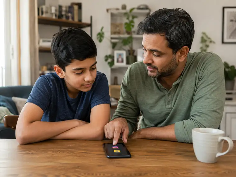 Father and son sitting at a table discussing apps on a phone.