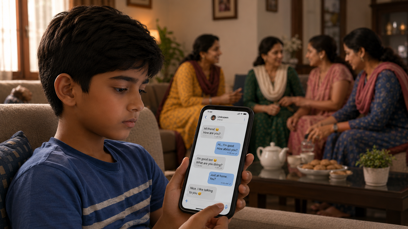 Young boy using a mobile phone at home while women talk in the background.