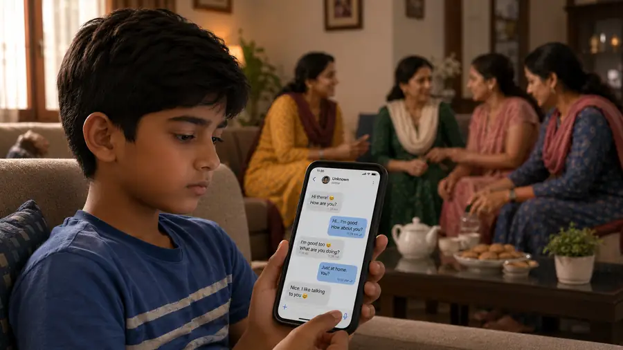 Young boy using a mobile phone at home while women talk in the background.