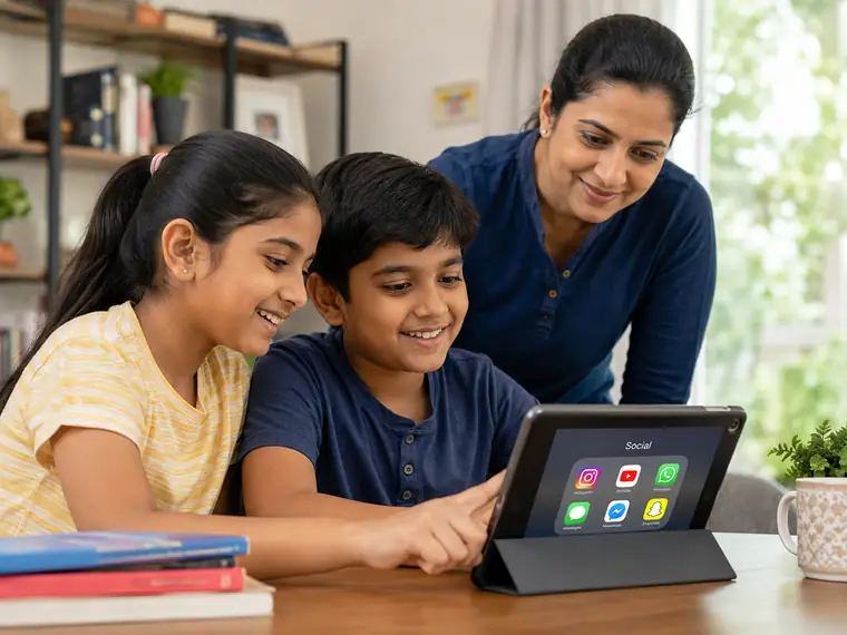 Two children with a parent looking at a tablet showing social media apps.