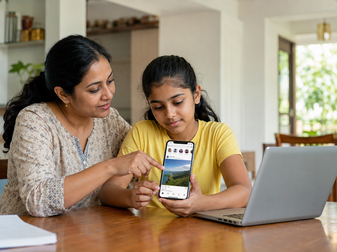 Mother and daughter sitting together at home looking at Instagram on a phone.