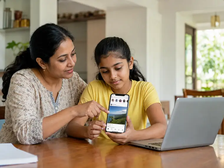 Mother and daughter sitting together at home looking at Instagram on a phone.