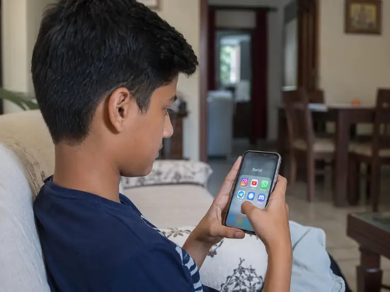 Teen boy at home using a smartphone with a social apps folder open.